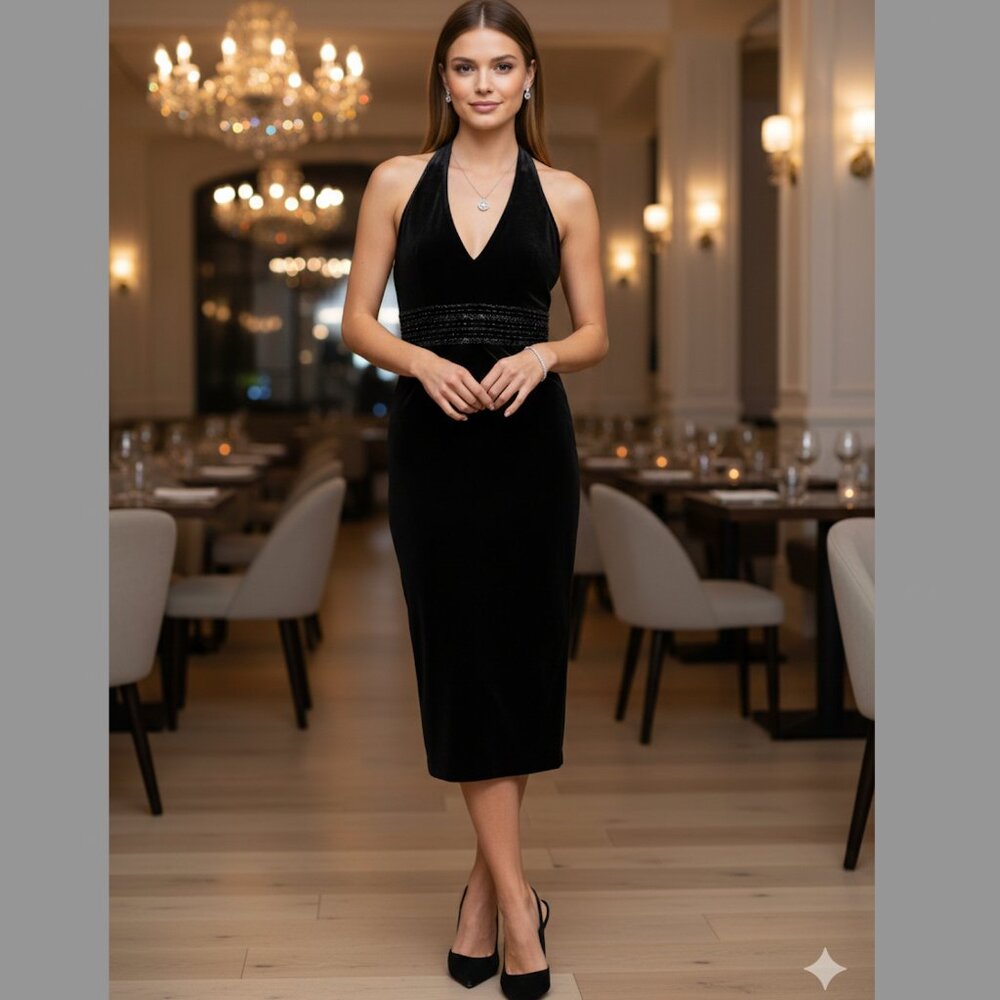 Beaded Black Velvet Halter Dress